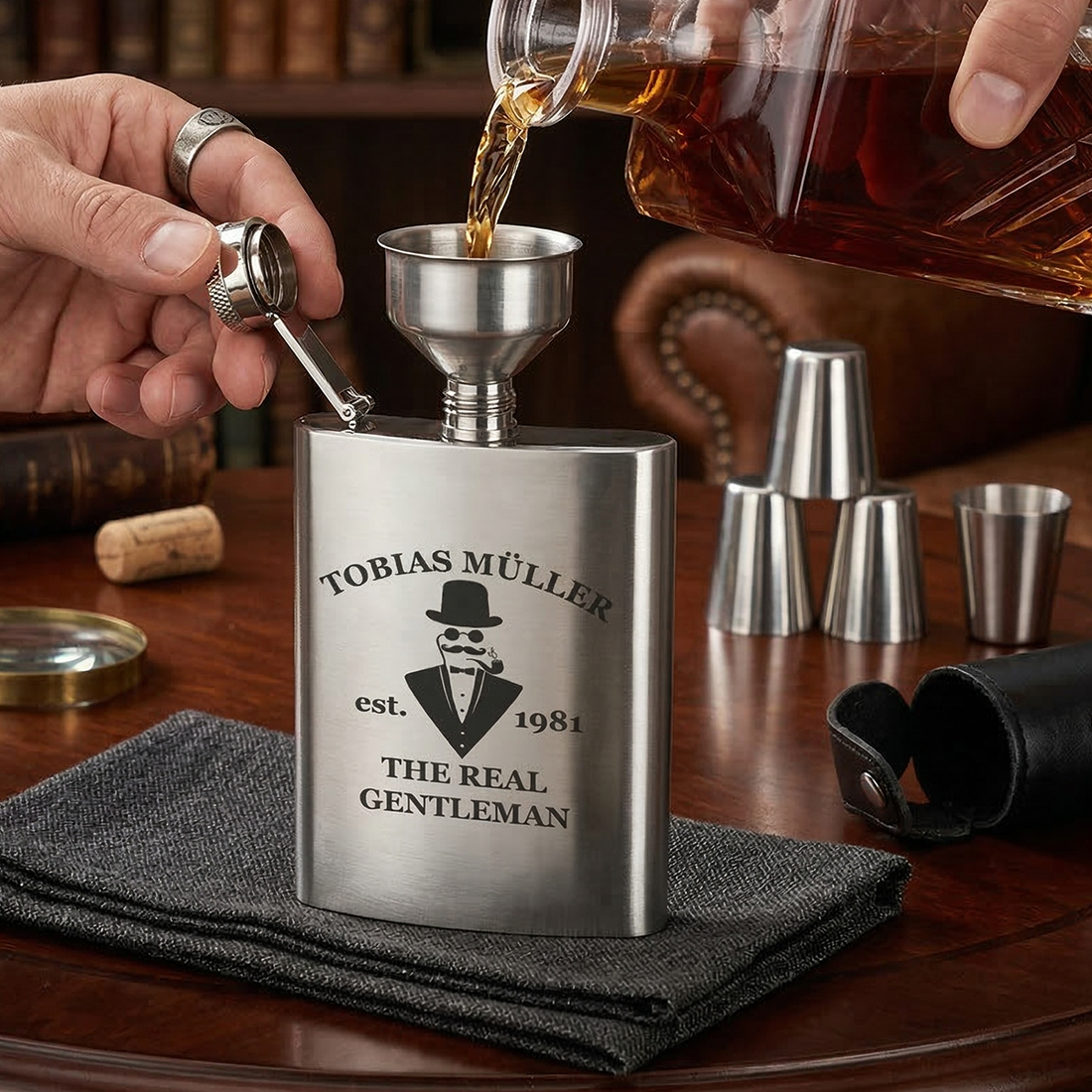 Personalisiertes Männer-Geschenk: 7-tlg. Flachmann-Set aus Edelstahl
