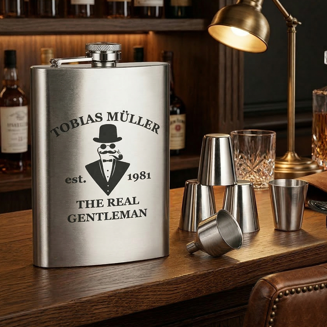 Personalisiertes Männer-Geschenk: 7-tlg. Flachmann-Set aus Edelstahl