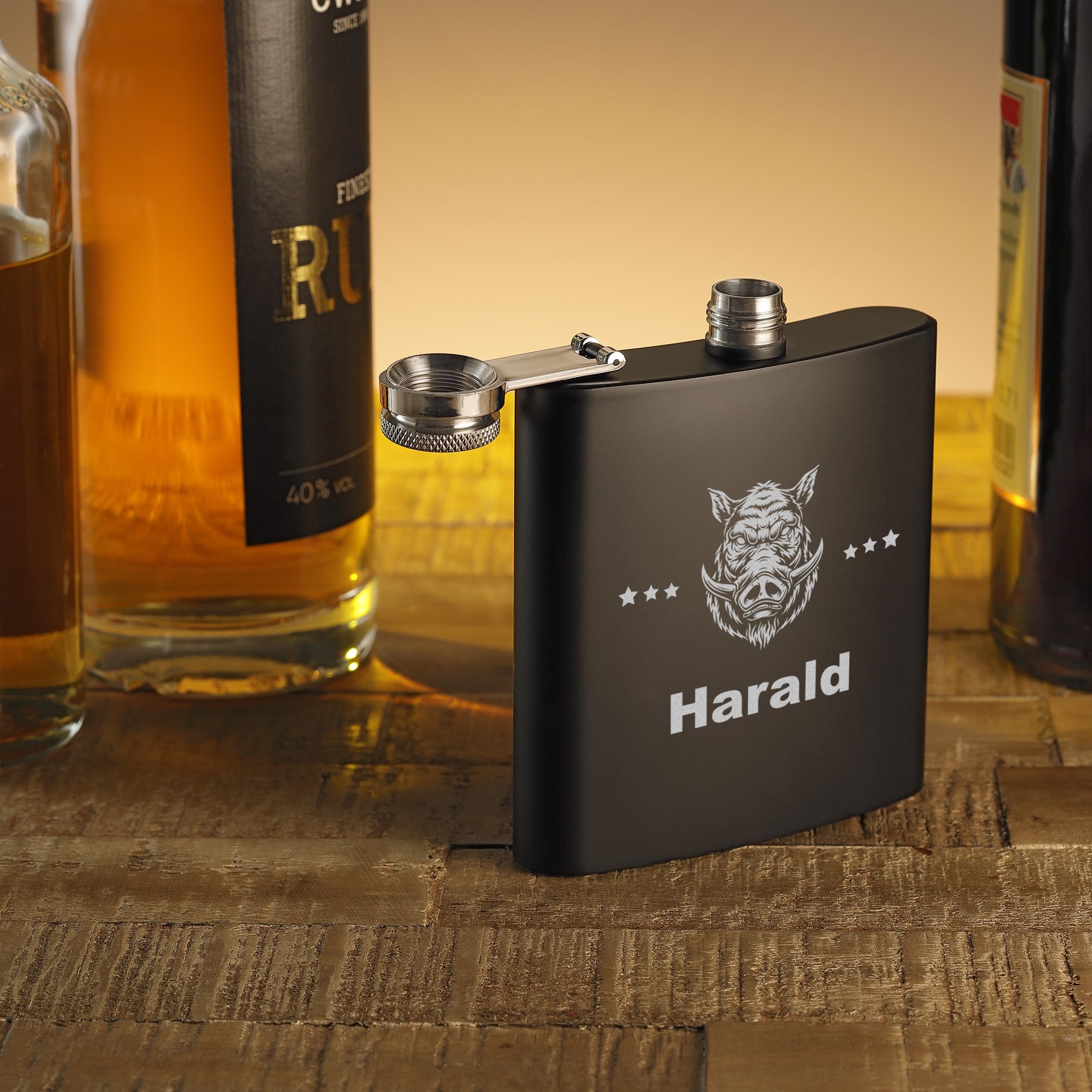 Personalisierter Flachmann mit Gravur Schwarz Matt Edelstahl