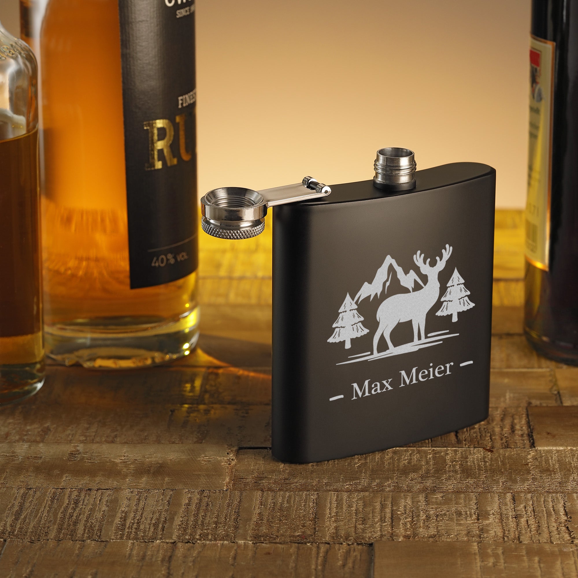 Flachmann mit Gravur Schwarz Matt Edelstahl