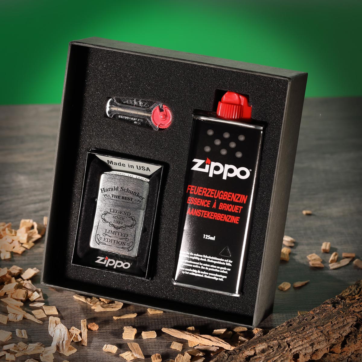 Zippo® Sturmfeuerzeug Geschenk-Set mit individueller Gravur Benzin Feuerzeug