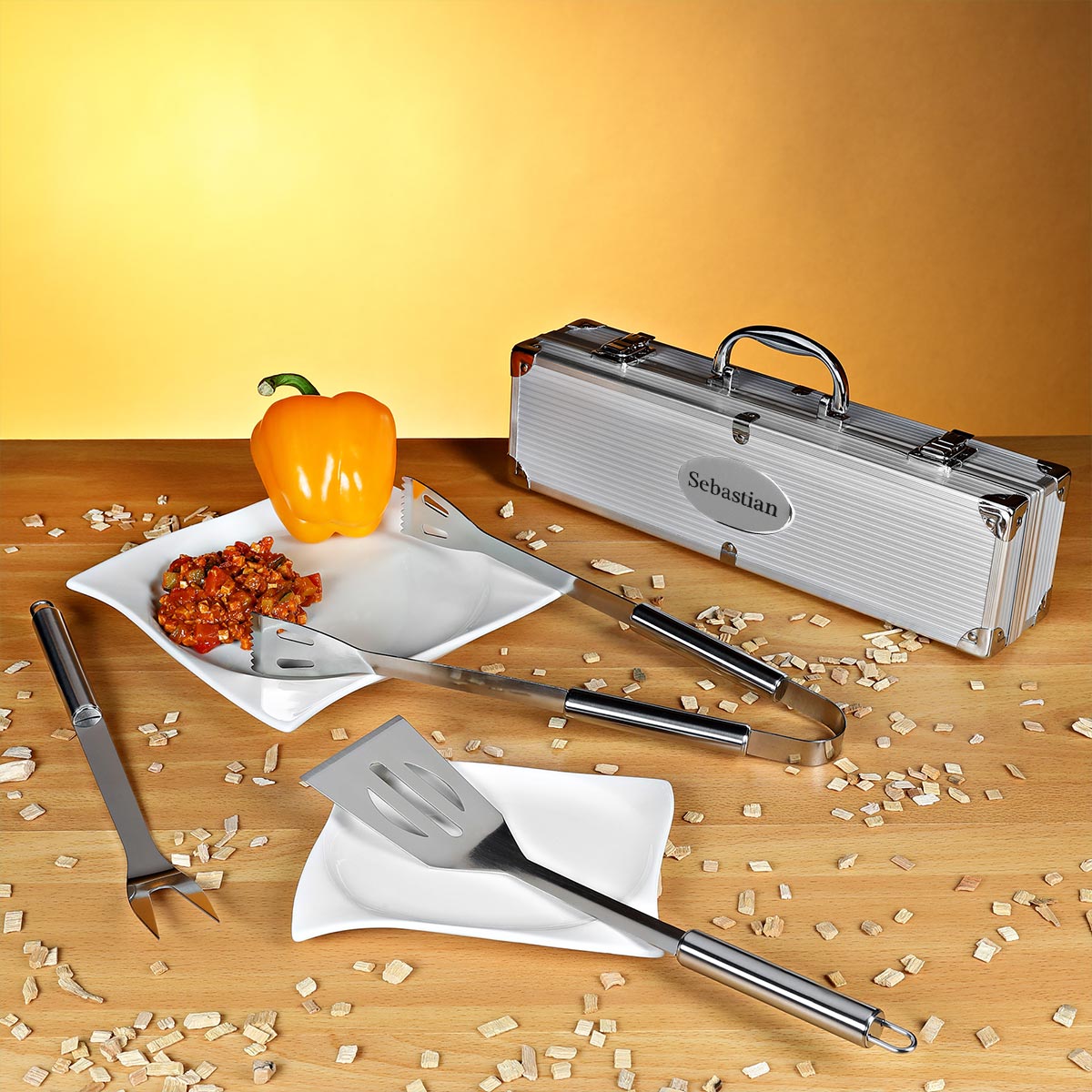Grillset mit Gravur | 4-teilig Edelstahl | Grillkoffer personalisiert