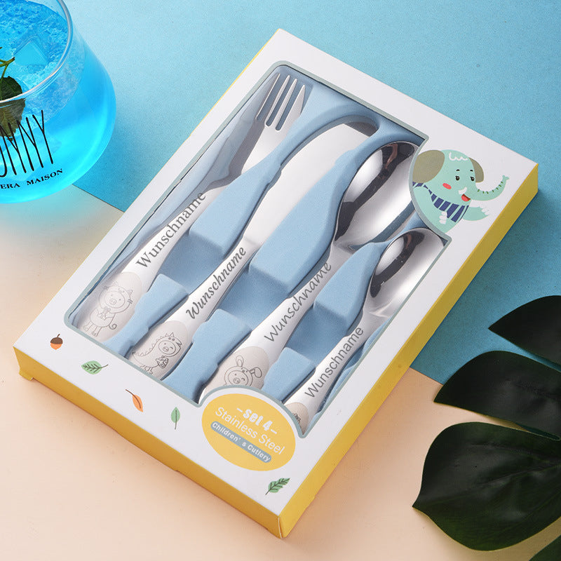 Kinderbesteck mit Gravur | 4-teilig Edelstahl | Personalisiertes Taufgeschenk mit Tiermotiven
