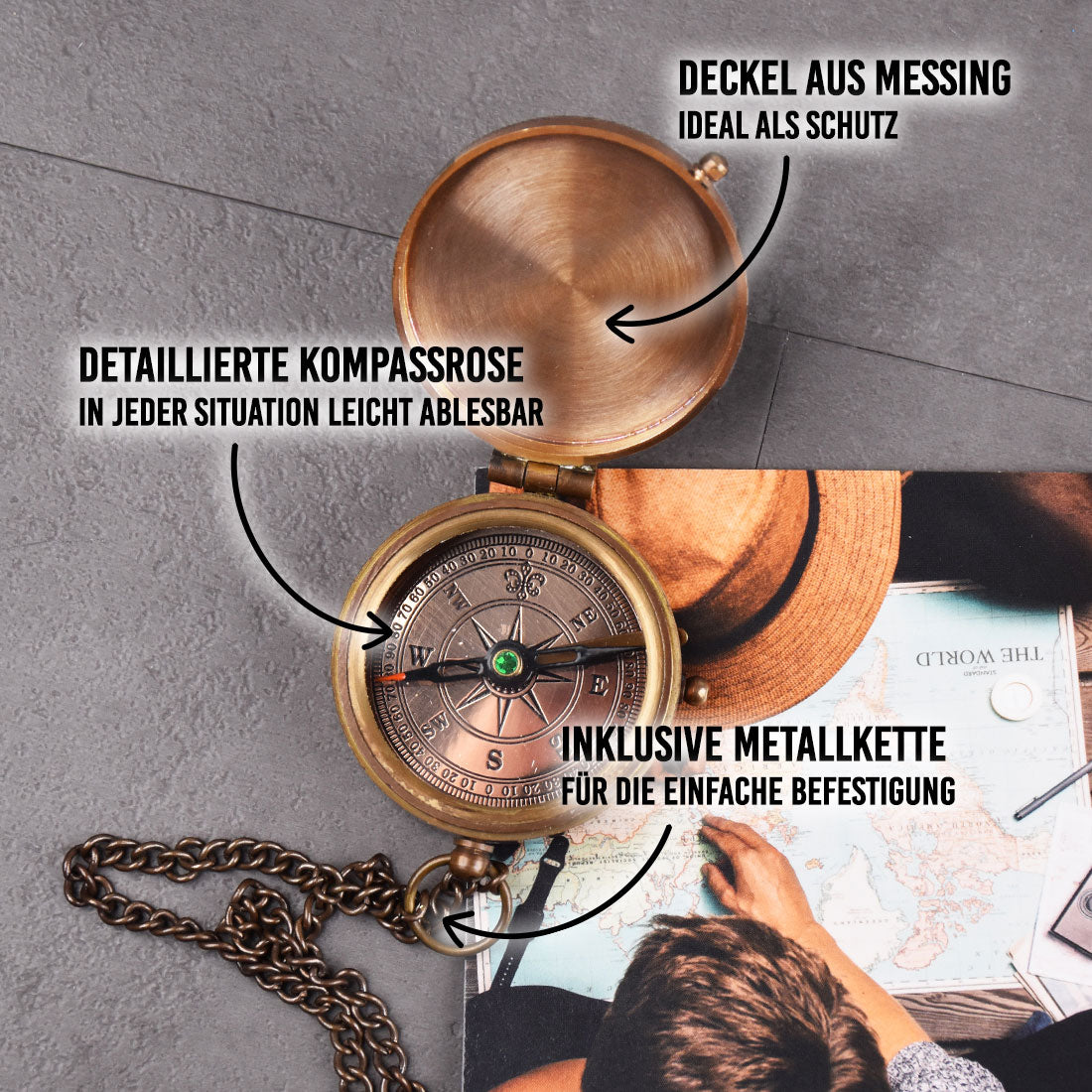 Personalisierter Messingkompass mit Gravur - Edles Outdoor-Geschenk Motiv Steuerrad