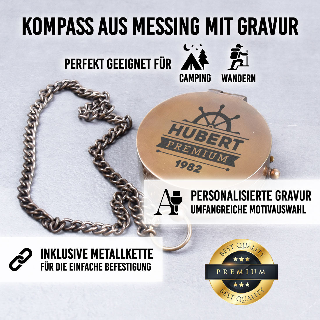 Personalisierter Messingkompass mit Gravur - Edles Outdoor-Geschenk Motiv Steuerrad