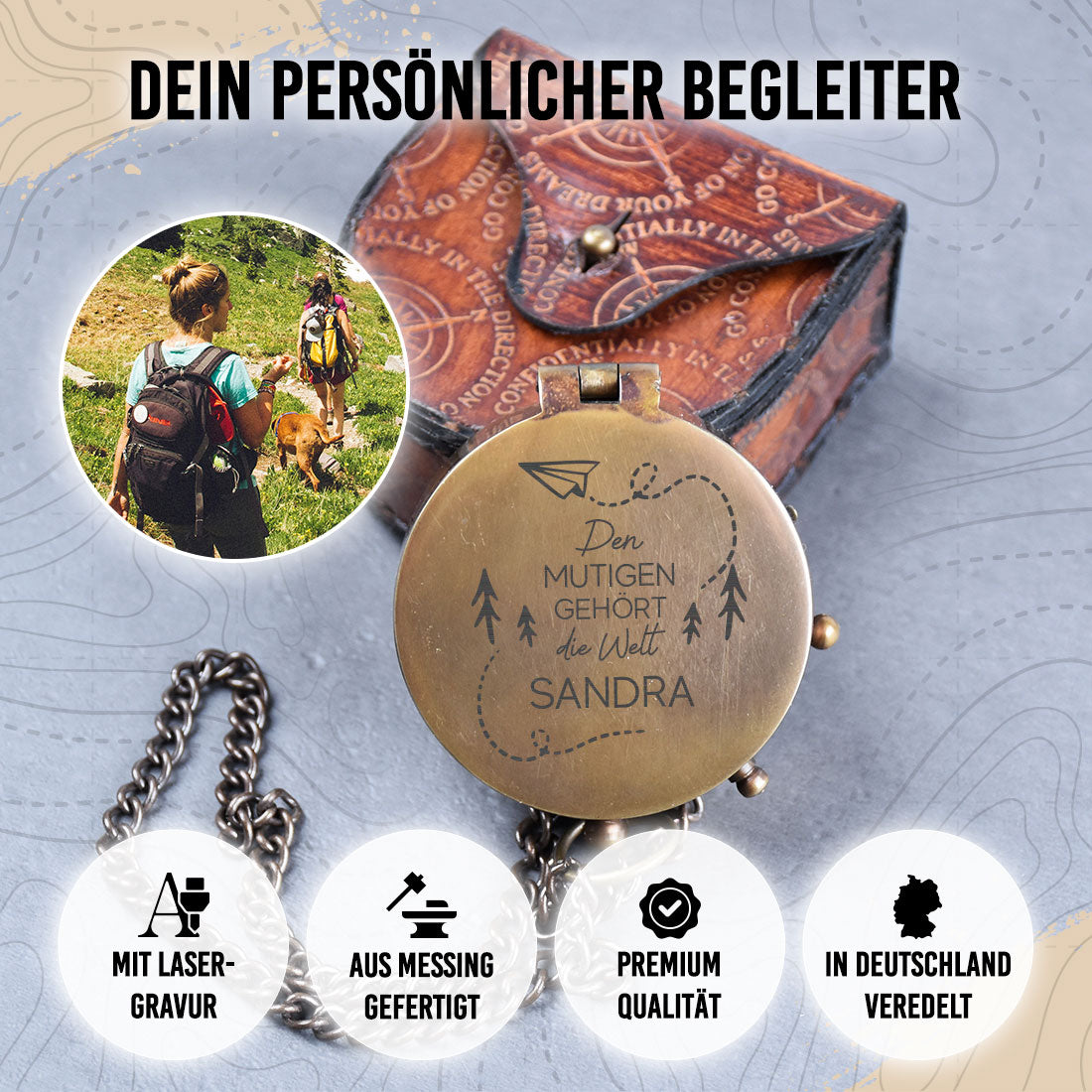 Messingkompass „Den Mutigen gehört die Welt“ | Gravur mit Name | Geschenk