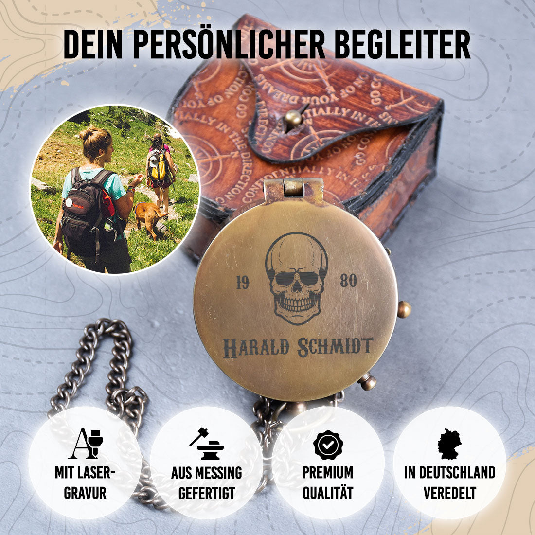 Messingkompass Totenkopf | Personalisierte Gravur Name & Jahr | Bronze