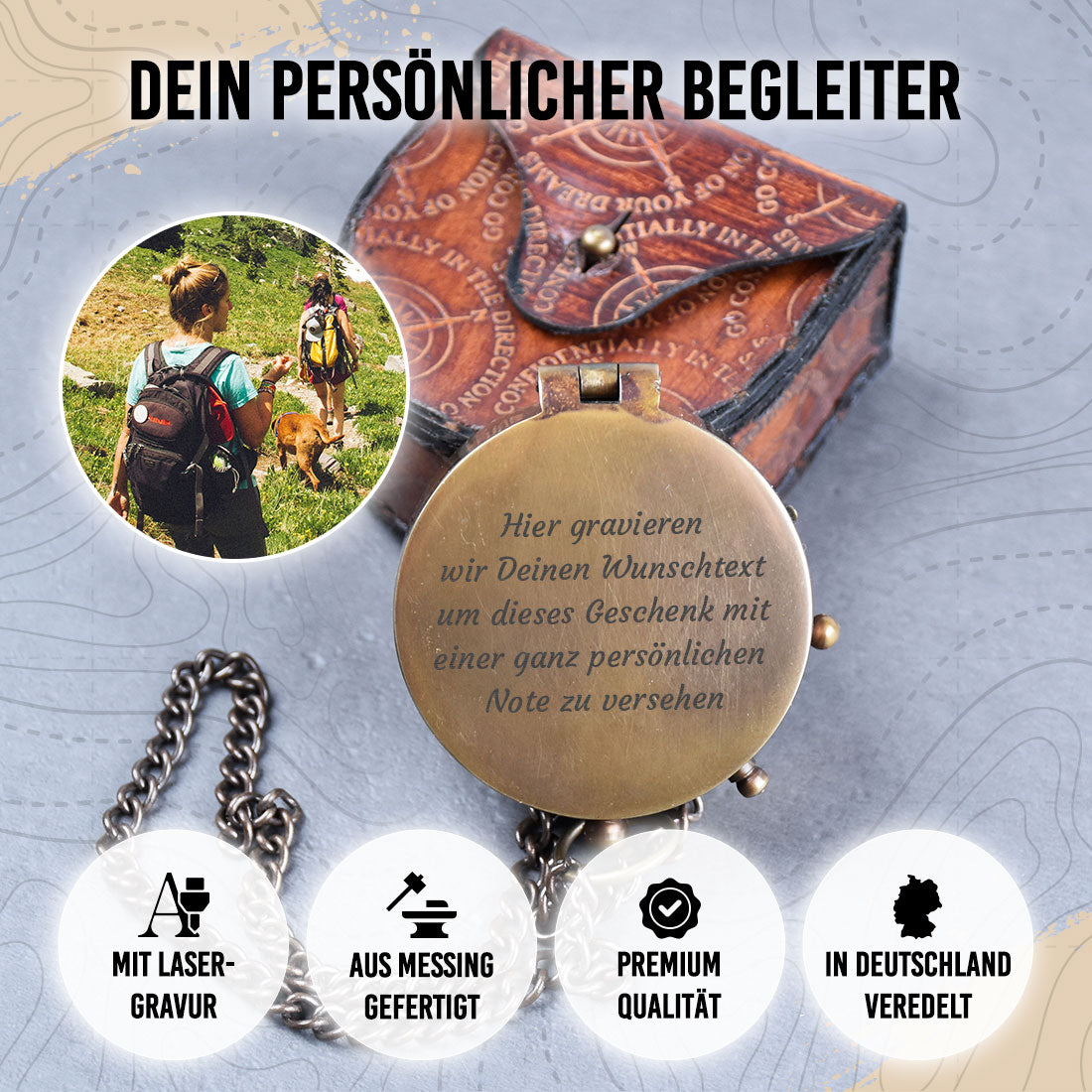 Messingkompass mit 5 Zeilen Wunschtext | Individuelle Gravur | Geschenk