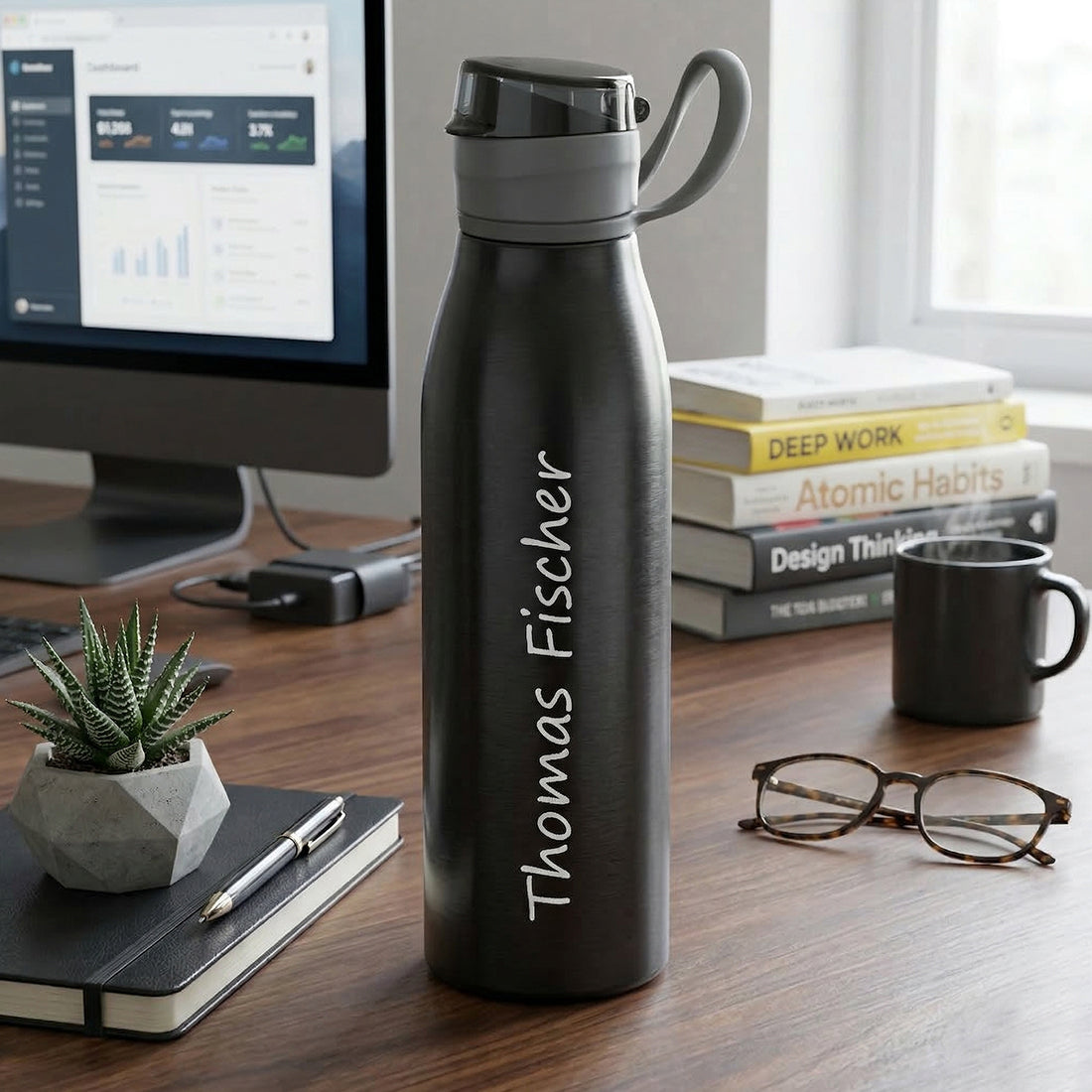 Schwarze Aluminium-Trinkflasche 650ml mit personalisierter Gravur - Frontansicht