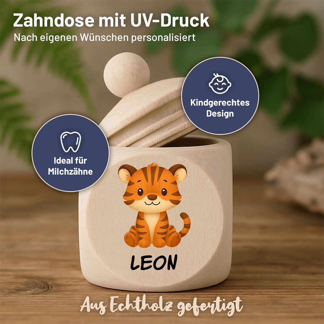Personalisierte Milchzahndose aus Ahornholz mit Tiermotiv & Name - Zahndose aus Holz für Kinder mit Schraubverschluss