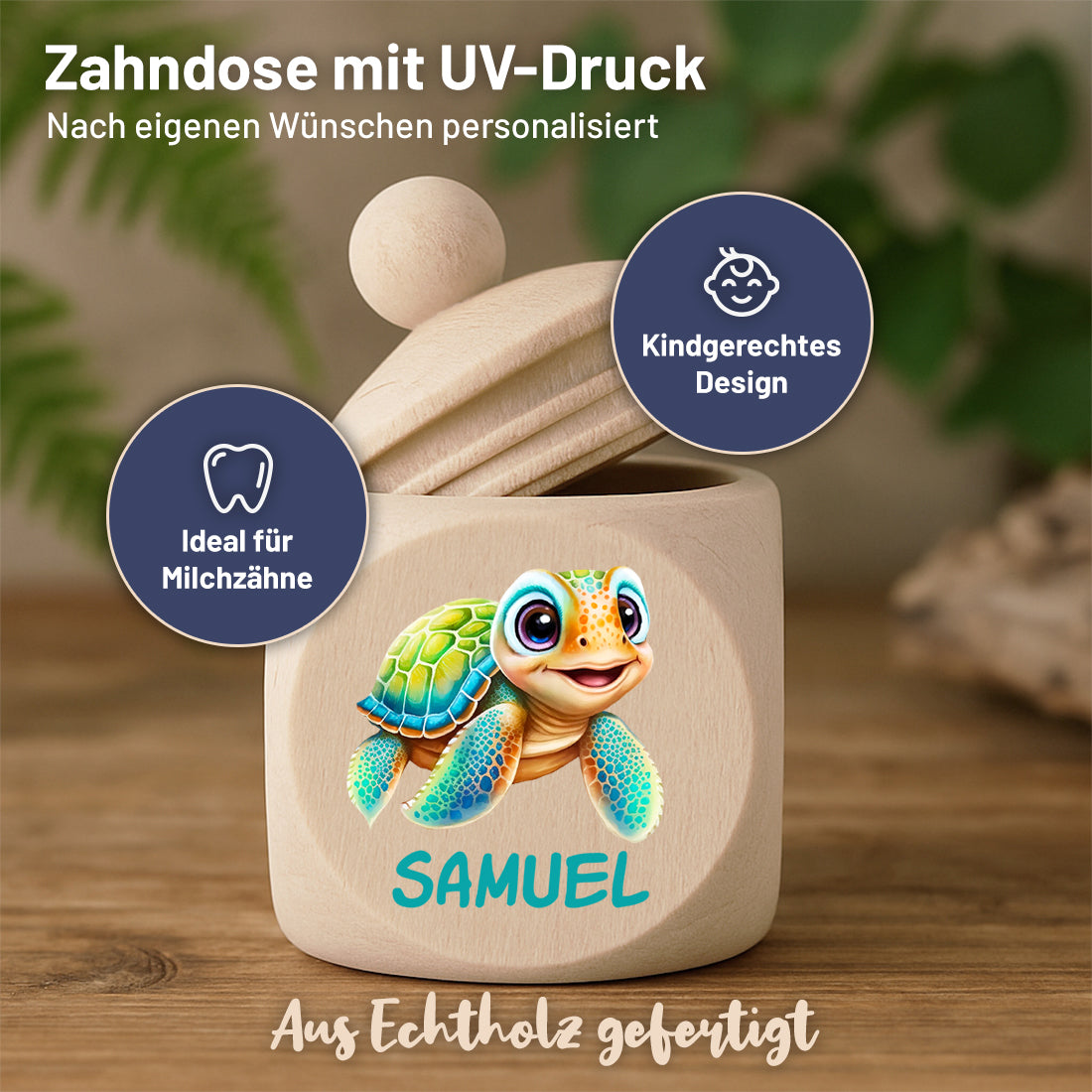 Personalisierte Holz-Zahndose für Jungen mit Schildkröte