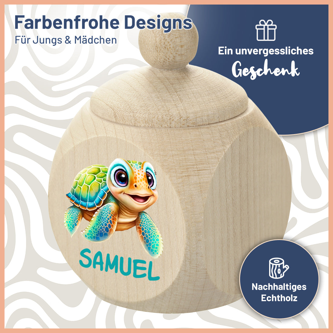 Personalisierte Holz-Zahndose für Jungen mit Schildkröte