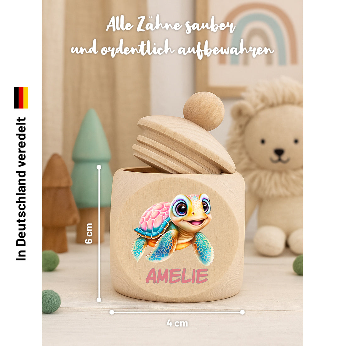 Personalisierte Holz-Zahndose für Mädchen mit Schildkröte & Wunschname