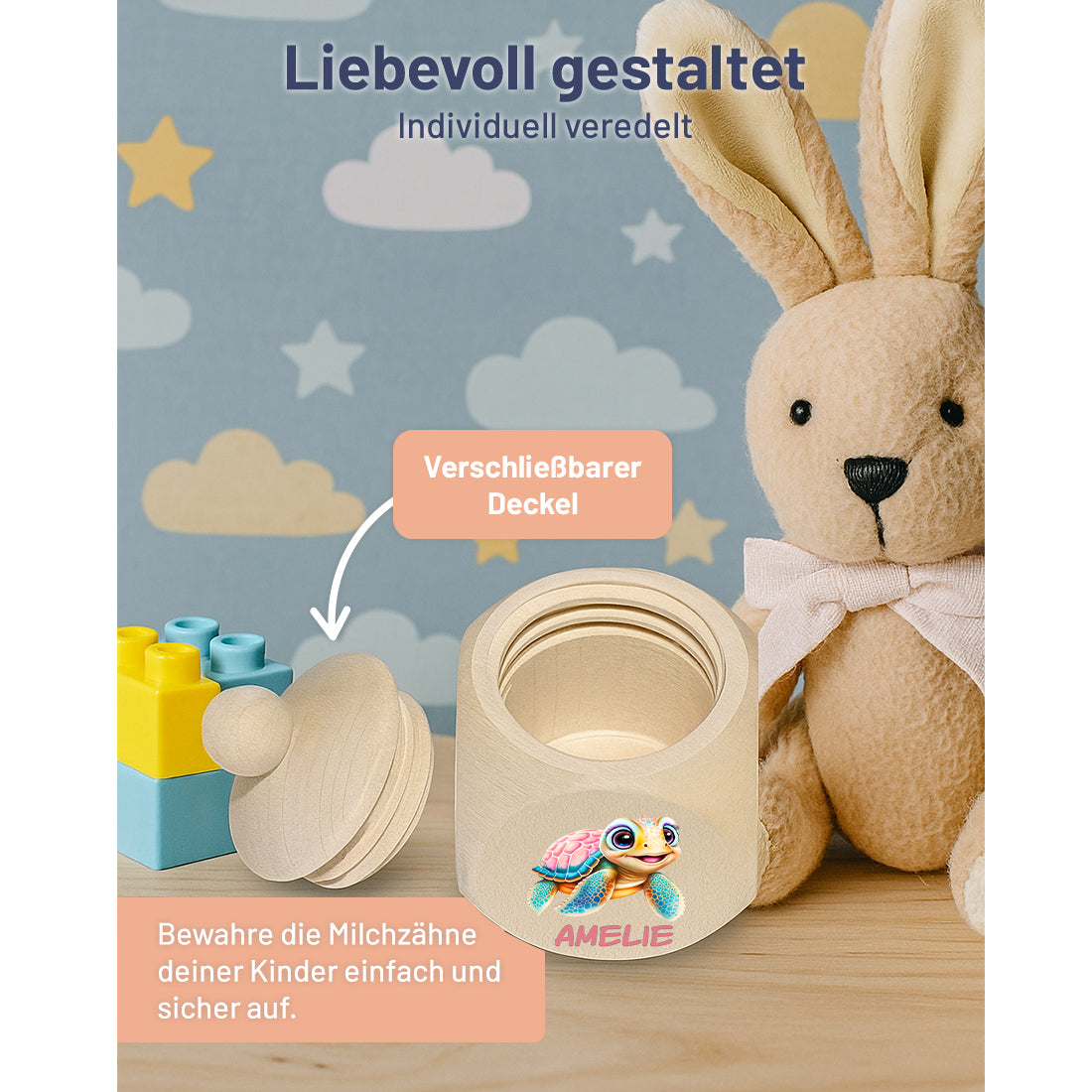 Personalisierte Holz-Zahndose für Mädchen mit Schildkröte & Wunschname