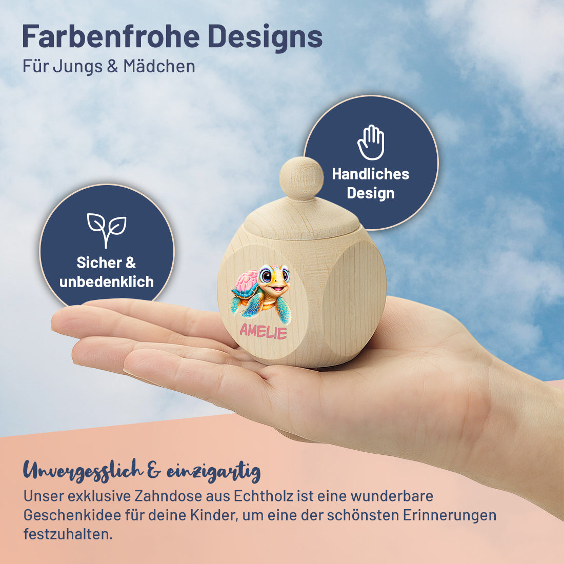 Personalisierte Holz-Zahndose für Mädchen mit Schildkröte & Wunschname