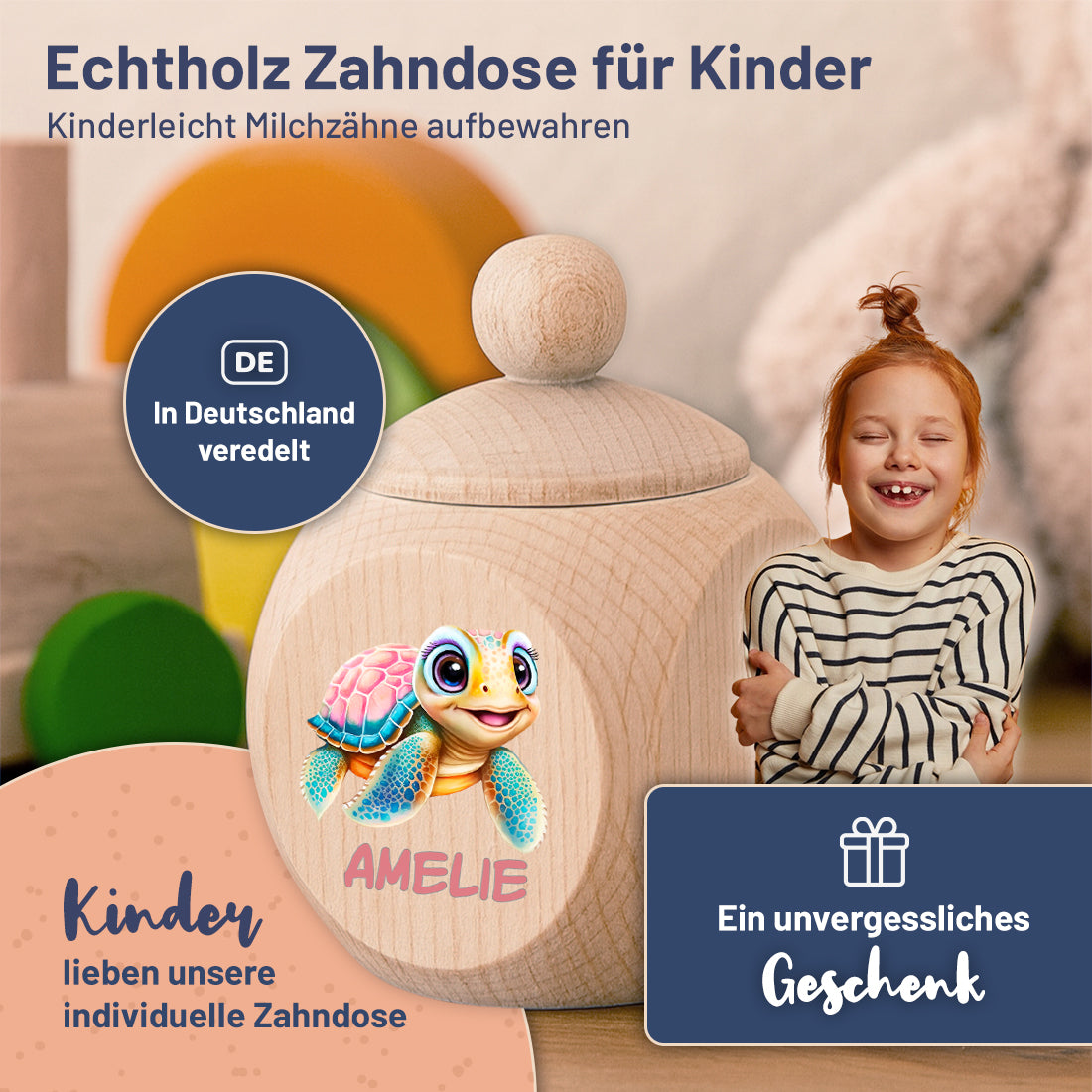Personalisierte Holz-Zahndose für Mädchen mit Schildkröte & Wunschname