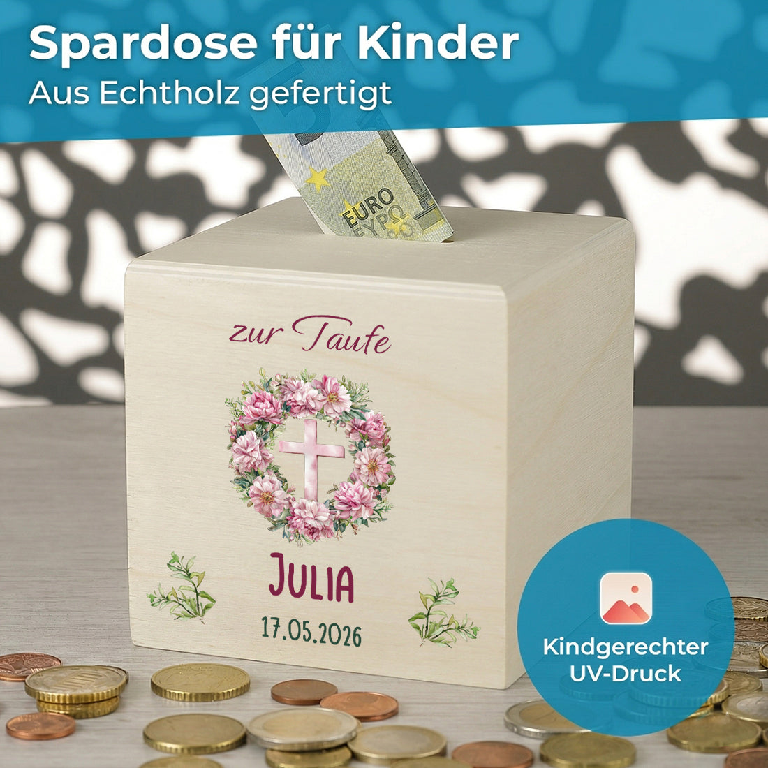 Personalisierte Spardose zur Taufe für Mädchen - Holz Sparbüchse mit rosa Kreuz & Blumenkranz