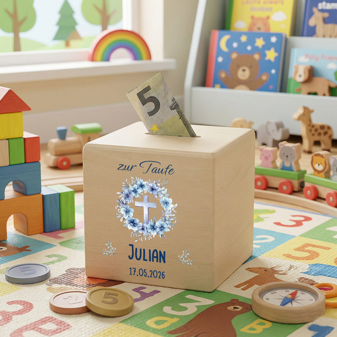 Personalisierte Spardose zur Taufe für Jungen - Holz Sparbüchse mit blauem Kreuz & Namen