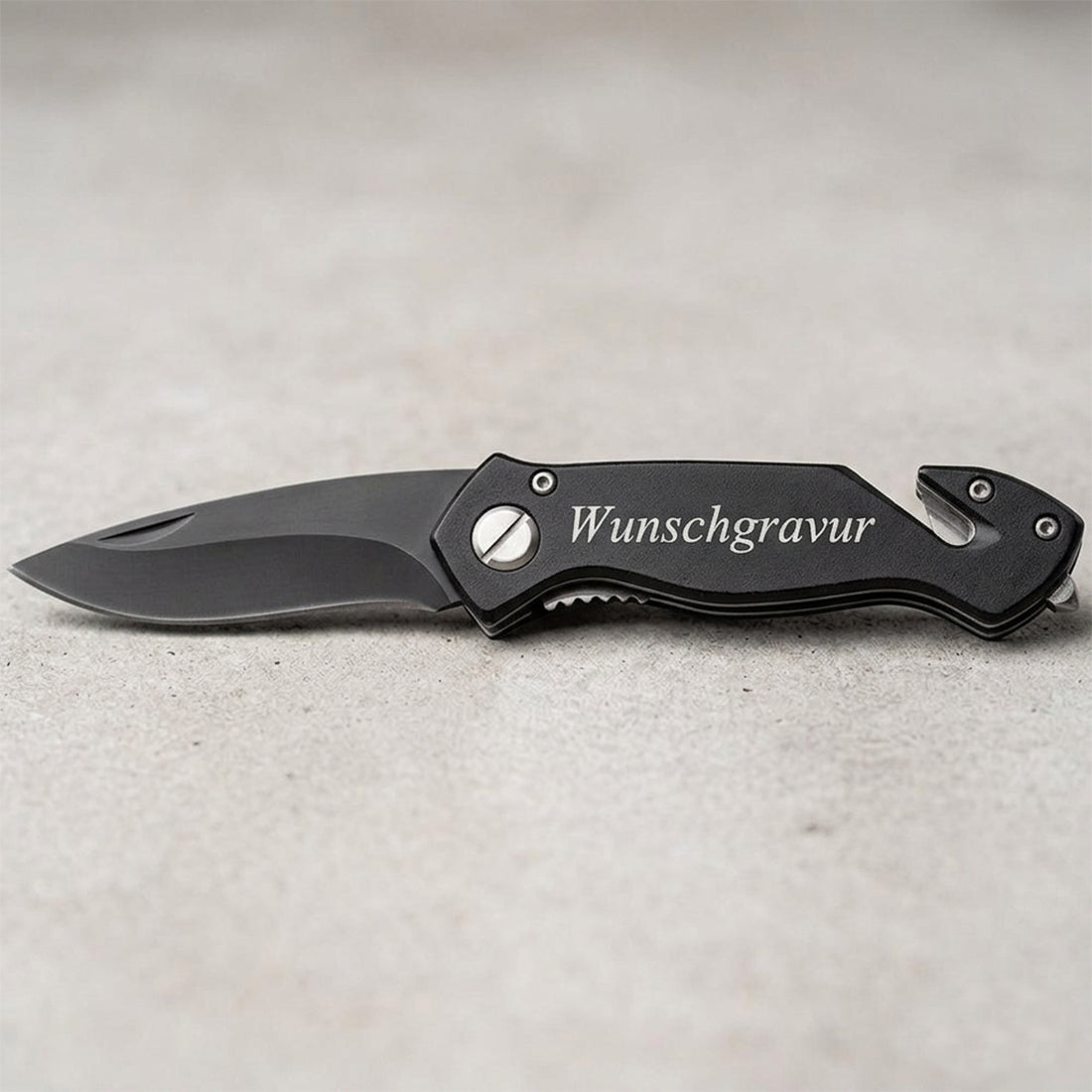 Personalisiertes Rettungsmesser – Schwarz, mit Gravur & Glasbrecher