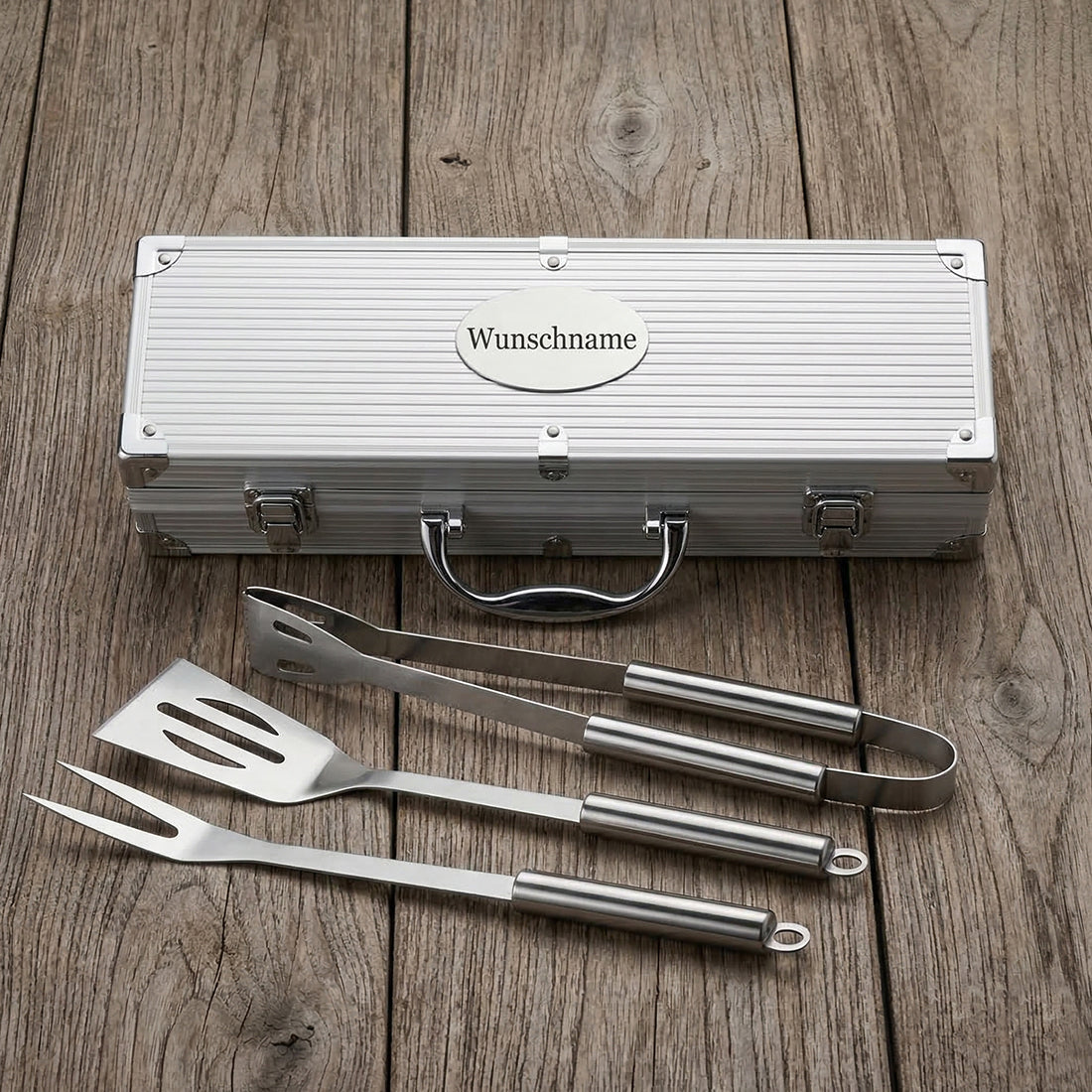 Grillset mit Gravur | 4-teilig Edelstahl | Grillkoffer personalisiert