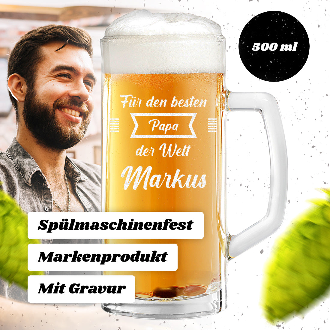 Bierkrug 0,5 Liter mit Gravur - Motiv "Für den besten Papa der Welt"