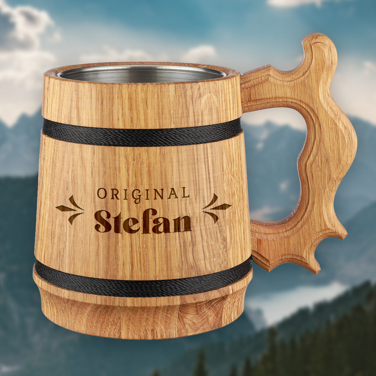 Bierkrug 0,5 Liter aus Eichenholz mit Gravur