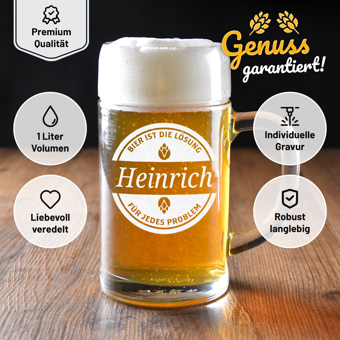 Maßkrug 1 Liter "Bier ist die Lösung" mit Gravur - Männergeschenk