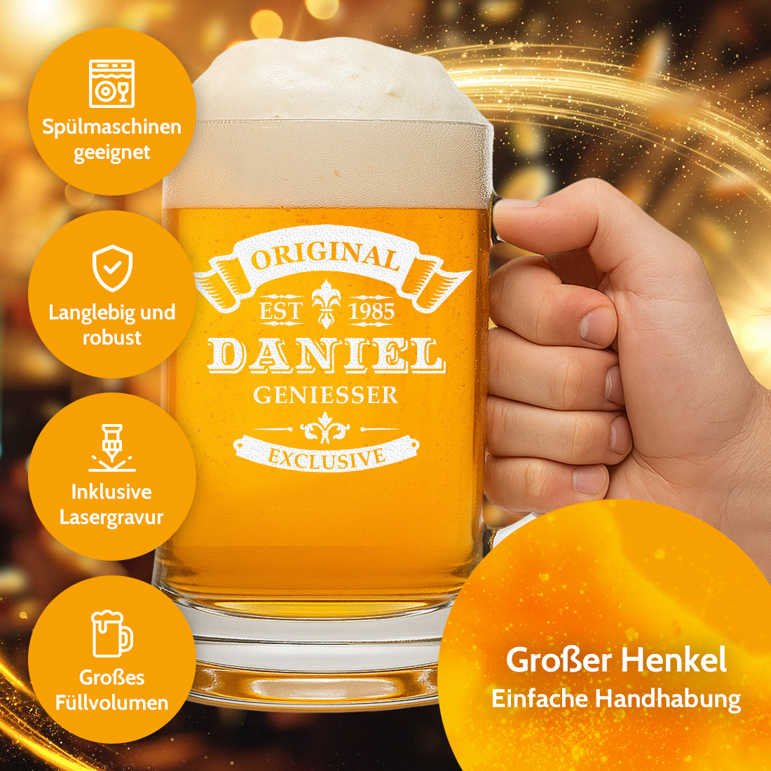 Bierkrug 0,5 Liter mit Ornament personalisiert