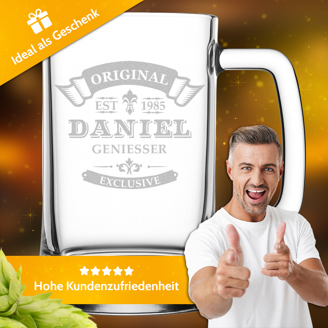 Bierkrug 0,5 Liter mit Ornament personalisiert