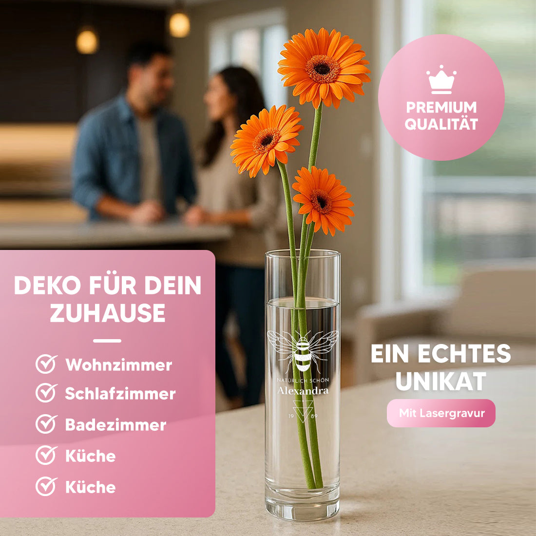 Blumenvase aus Glas mit personalisierter Gravur "Natürlich schön"