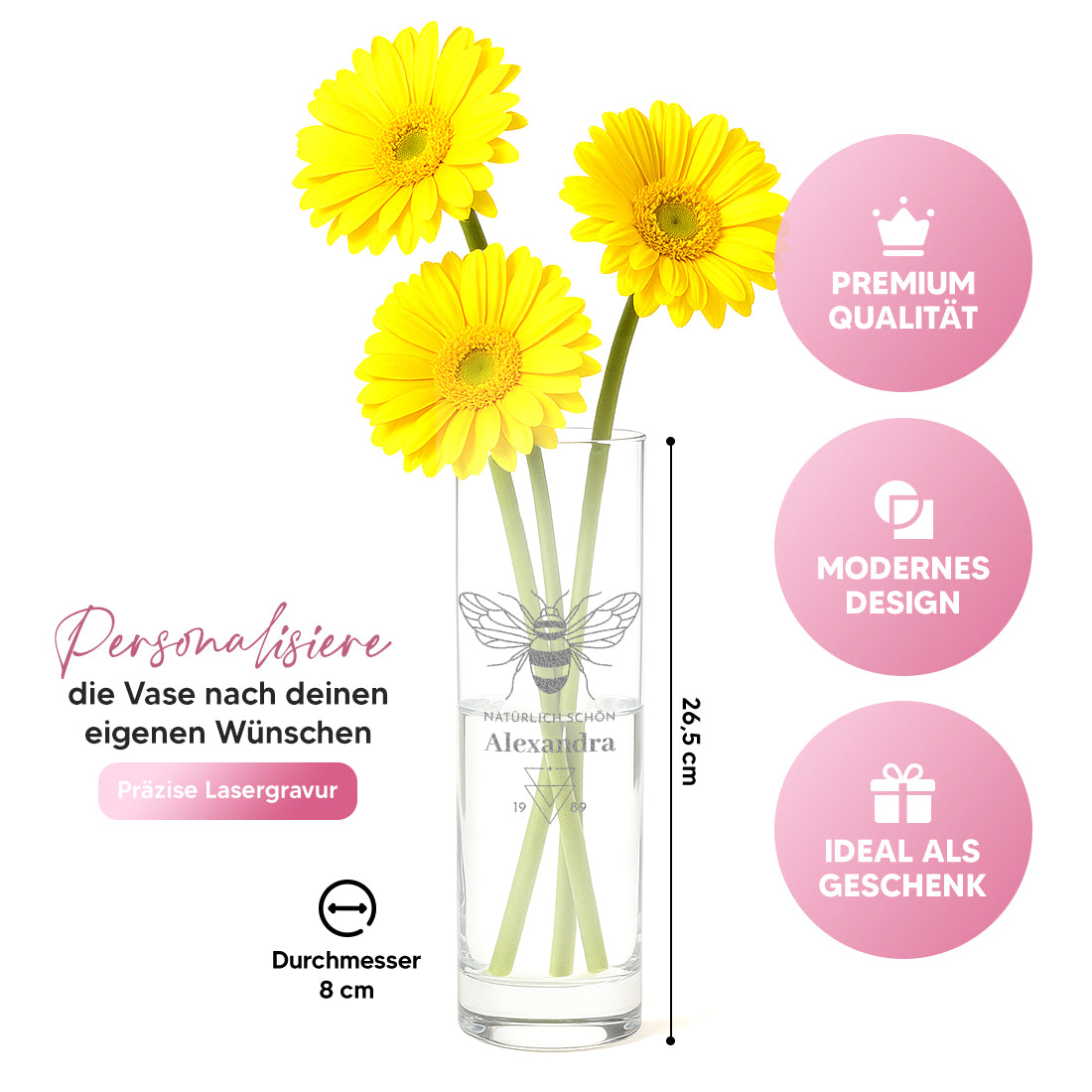 Blumenvase aus Glas mit personalisierter Gravur "Natürlich schön"