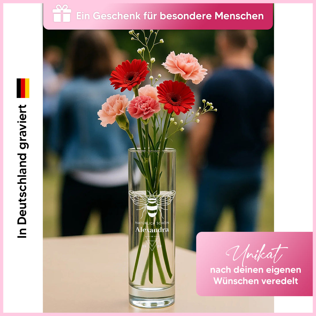 Blumenvase aus Glas mit personalisierter Gravur "Natürlich schön"