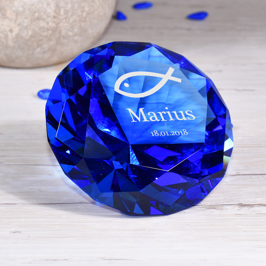 Deko Diamant "Fisch" mit Gravur als Taufgeschenk - 7 Farben