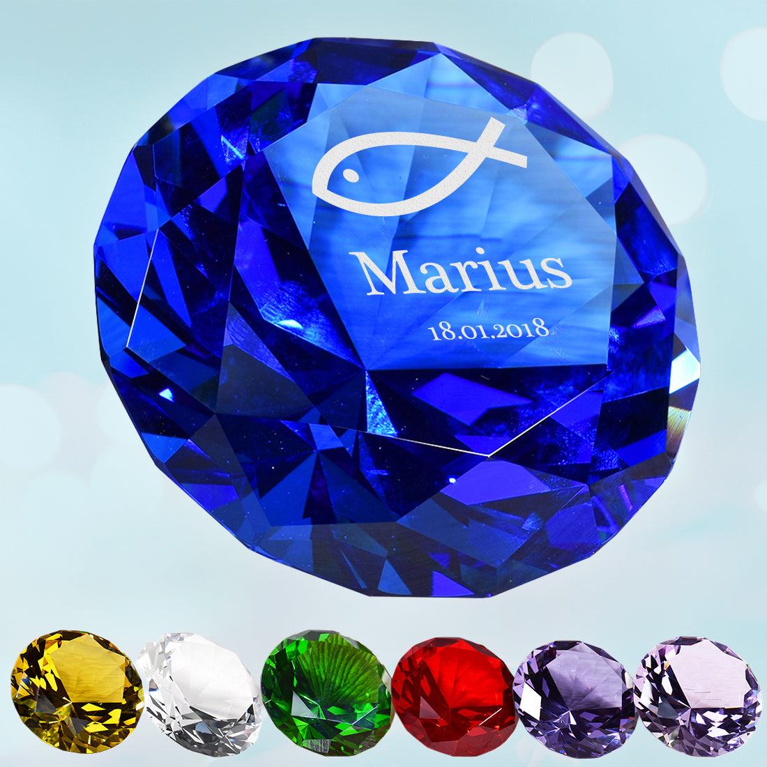 Deko Diamant "Fisch" mit Gravur als Taufgeschenk - 7 Farben