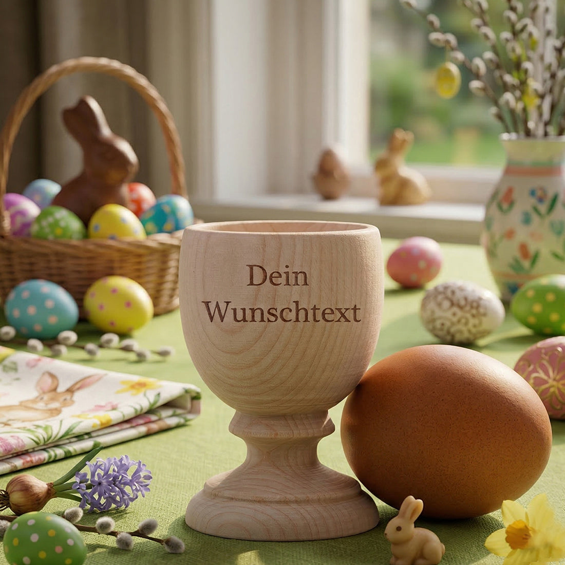 Nachhaltiger Holz-Eierbecher mit Wunschtext auf rustikalem Holztisch mit Frühstücksei und Serviette.