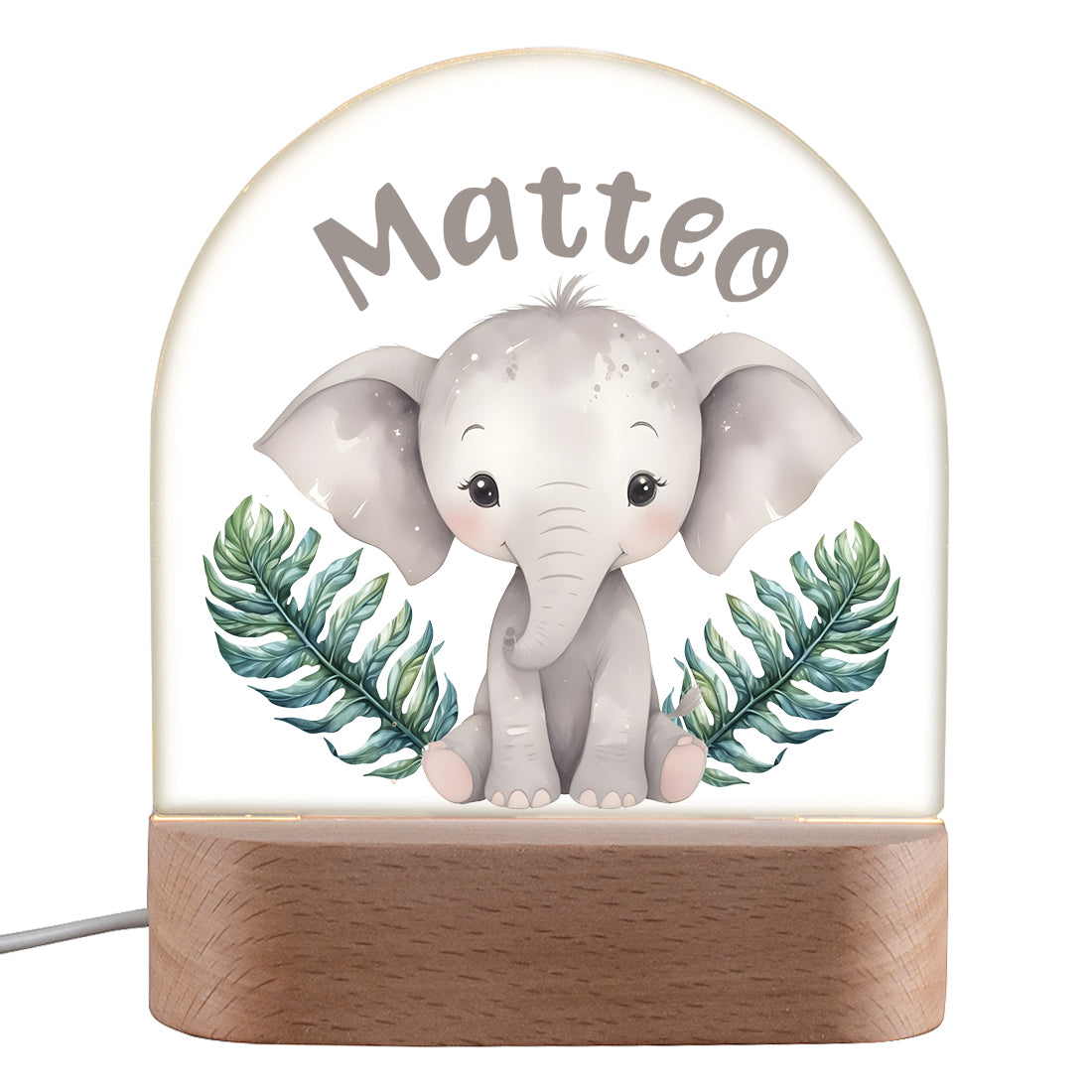 Personalisiertes Kinder-Nachtlicht aus Holz und Acryl mit Baby-Elefant und Wunschname
