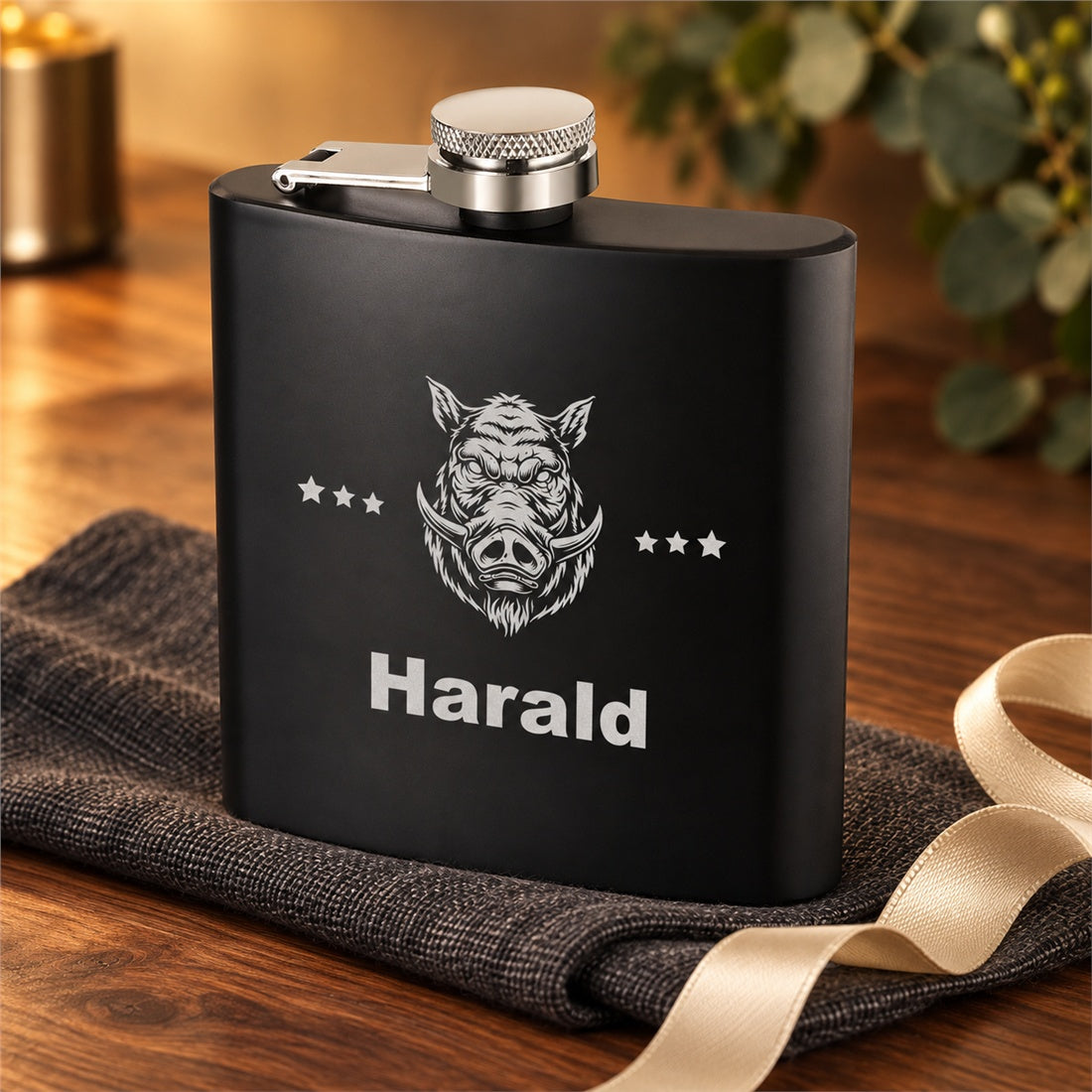 Personalisierter Wildschwein-Flachmann mit Beispielname Harald in einer dekorativen Geschenkszene.