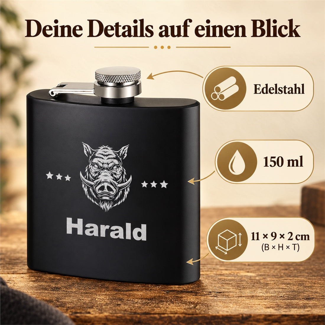 Produktdetails des Wildschwein-Flachmanns: Edelstahl, 150 ml, Maße 11 × 9 × 2 cm und Schraubdeckel.