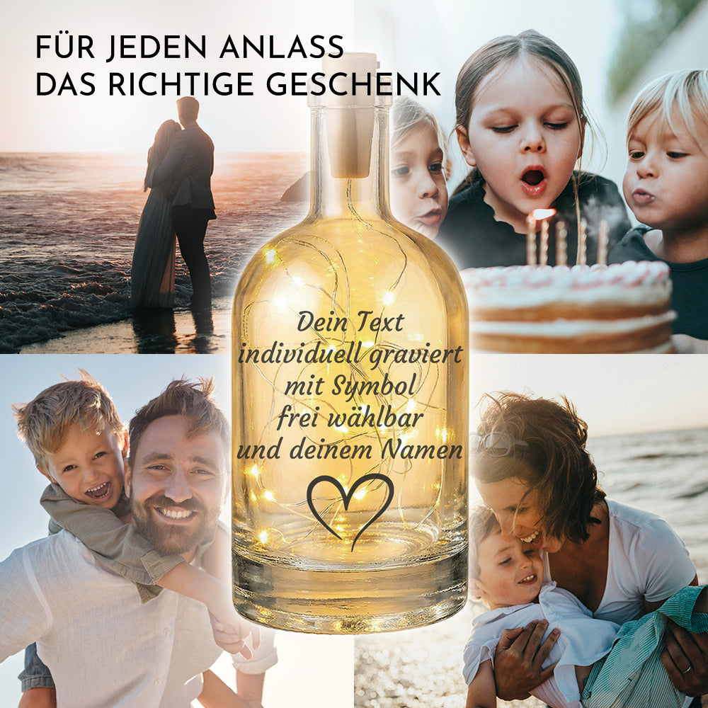 Beispielansicht der Personalisierungsmöglichkeiten für das LED-Flaschenlicht mit frei wählbarem Text.