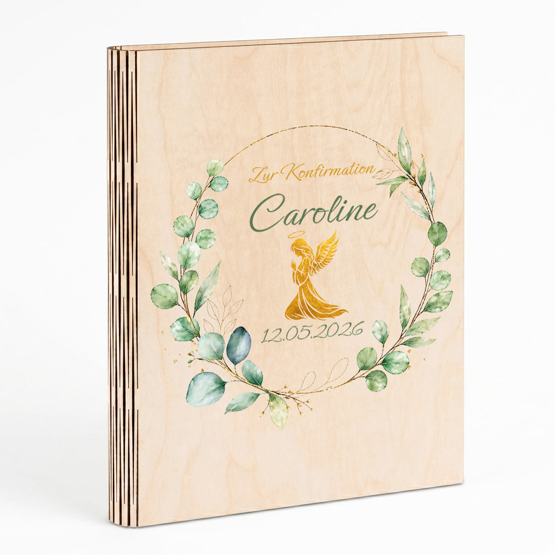 Personalisiertes Gästebuch aus Holz mit betendem goldenen Engel zur Taufe