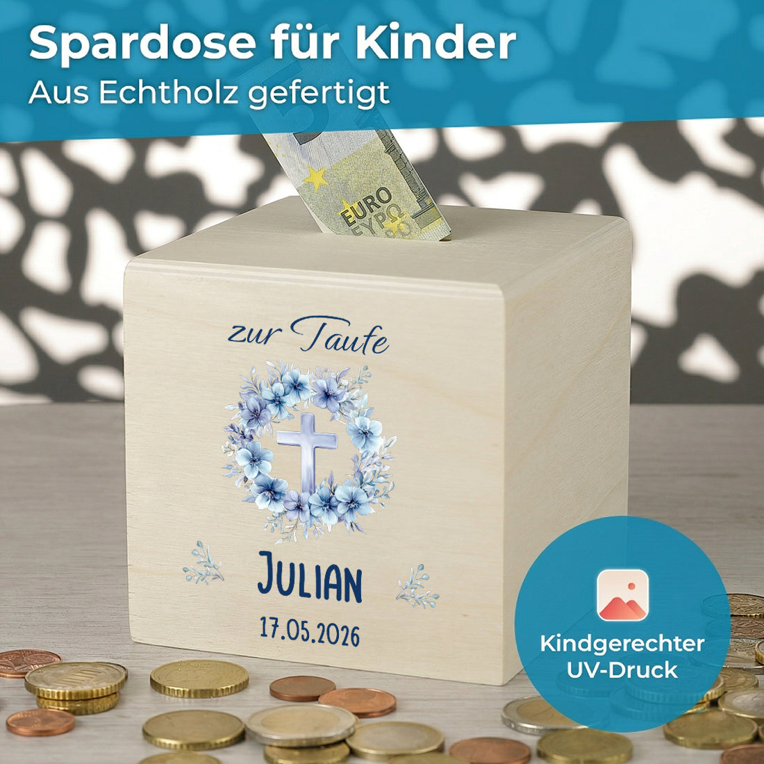 Nachhaltiges Geldgeschenk zur Taufe für das Patenkind – personalisierte Holzbox.
