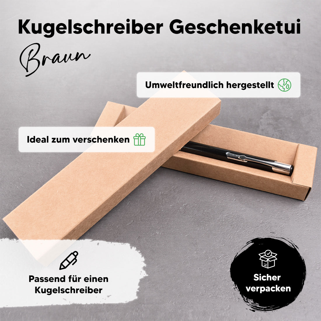 Detailansicht der edlen braunen Kartonverpackung passend für ein einzelnes Schreibgerät.