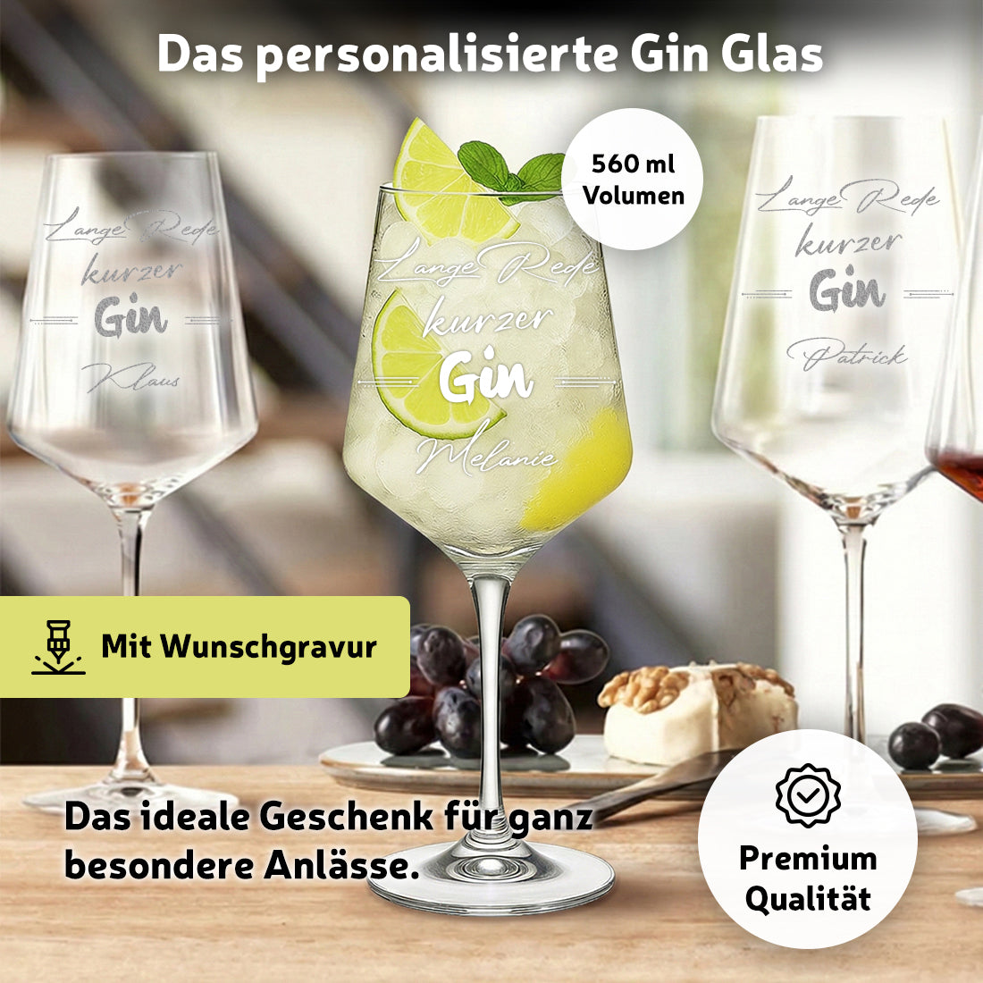 Modernes Gin Glas 560 mit personalisierter Gravur - Lange Rede kurzer Gin