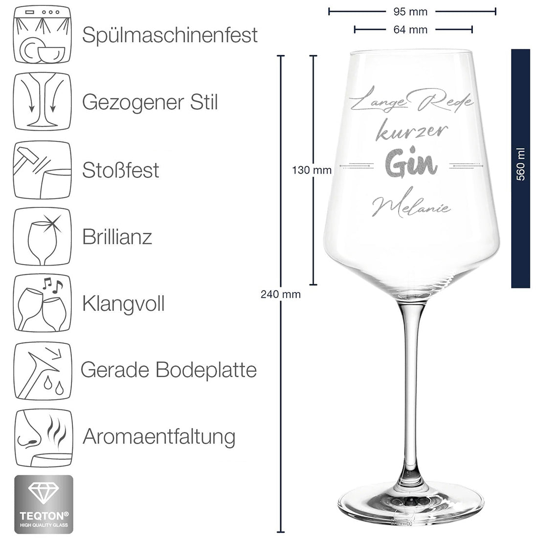 Modernes Gin Glas 560 mit personalisierter Gravur - Lange Rede kurzer Gin