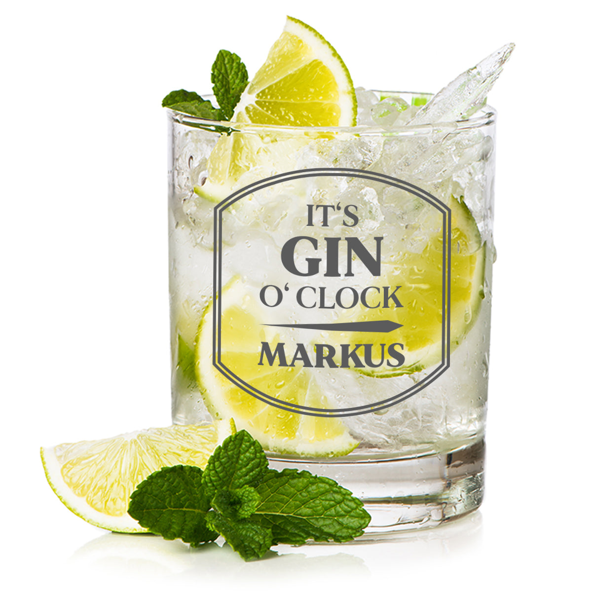 Gin Glas 320 ml mit personalisierter Gravur - Motiv "It's Gin o'clock"