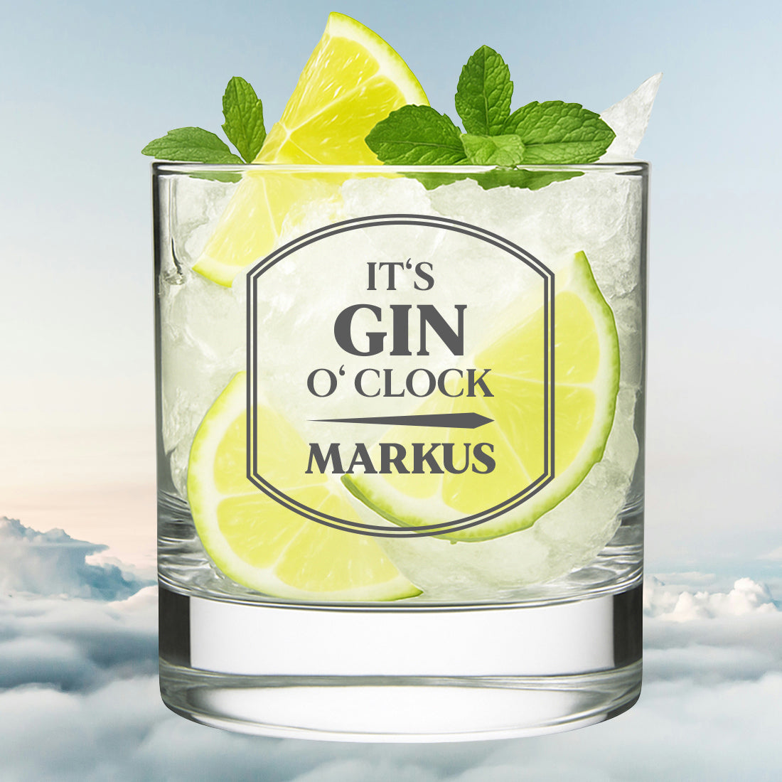 Gin Glas 320 ml mit personalisierter Gravur - Motiv "It's Gin o'clock"