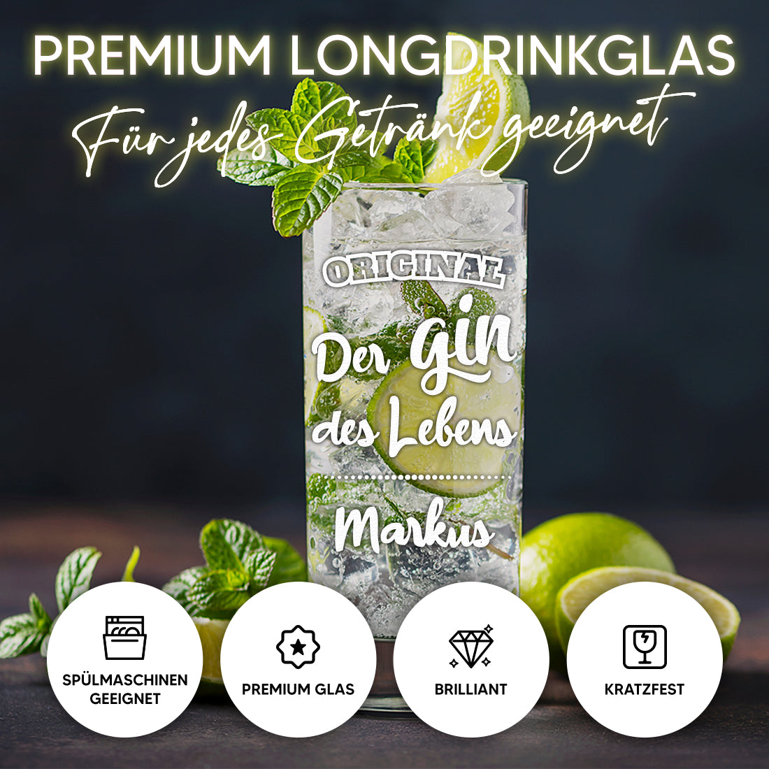 Gin Tonic Longdrinkglas 485 ml mit Gravur - Der Gin des Lebens
