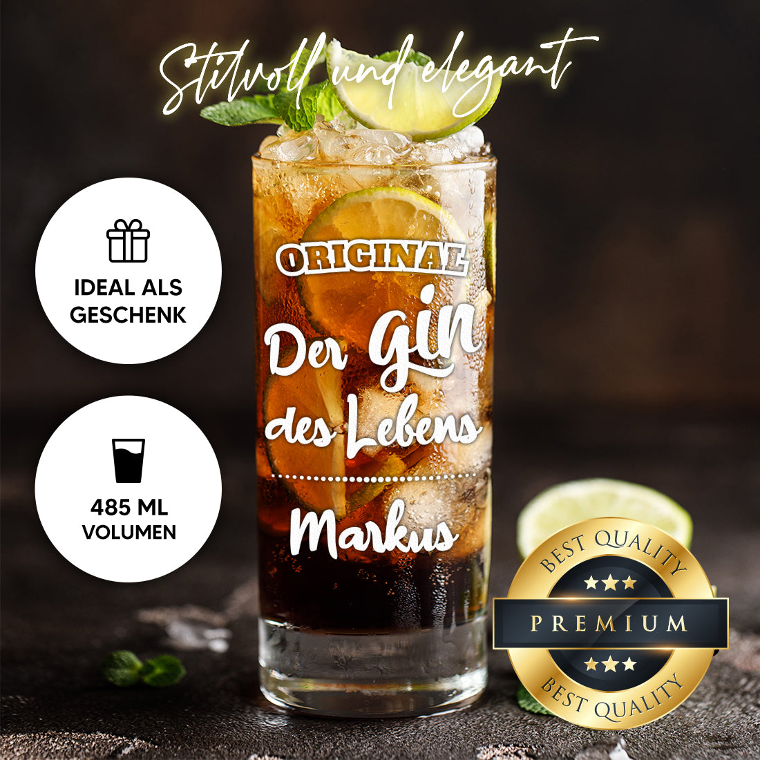 Gin Tonic Longdrinkglas 485 ml mit Gravur - Der Gin des Lebens
