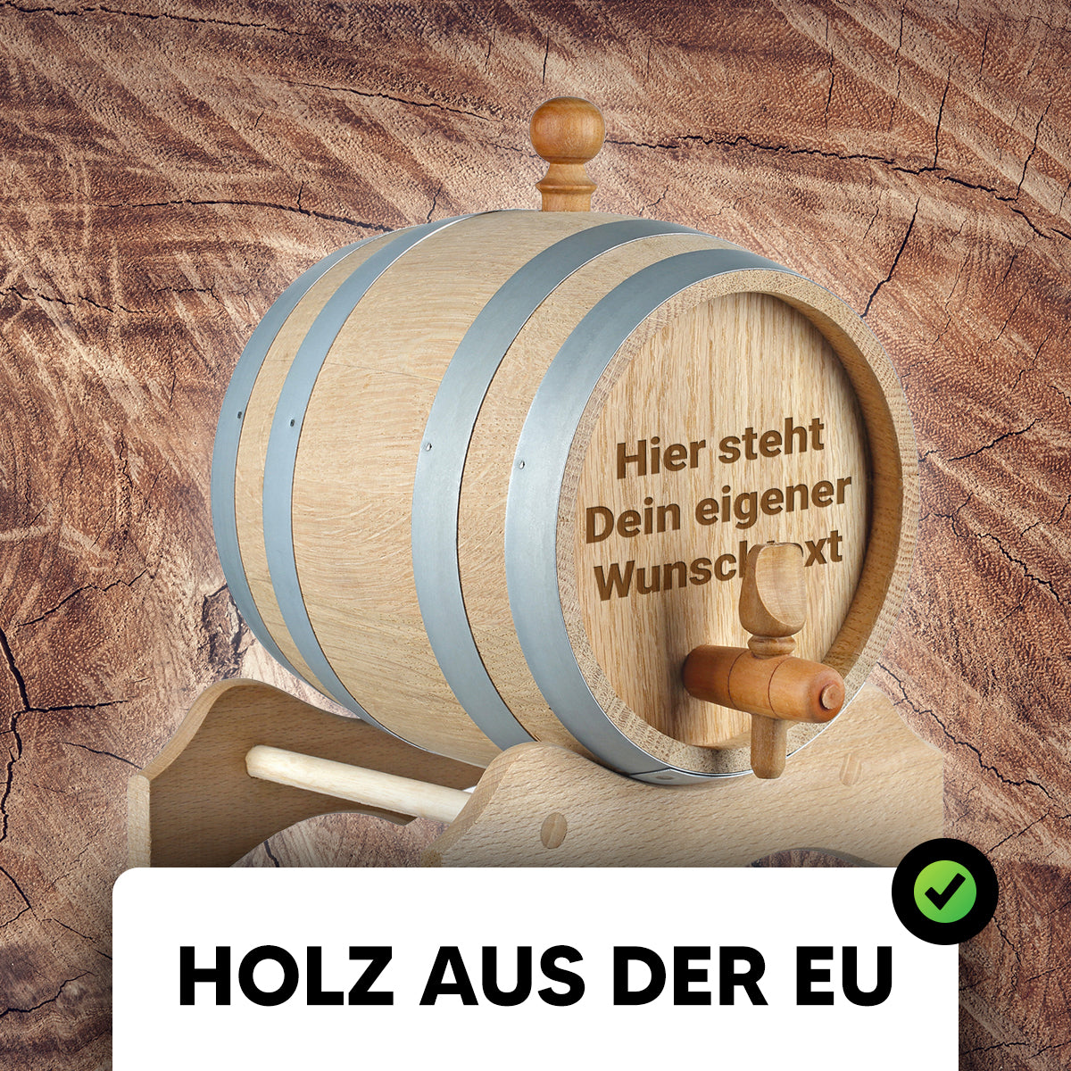 Ein Eichenfass mit einem edlen Destillat gefüllt, aus dessen Holz-Zapfhahn gerade flüssiges Gold in ein Whiskyglas fließt.