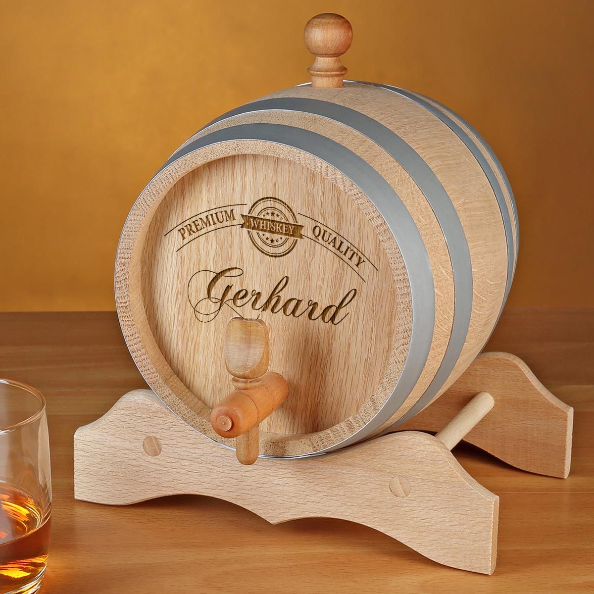 Whiskyfass aus Eichenholz mit Wunschgravur - Motiv Premium Quality